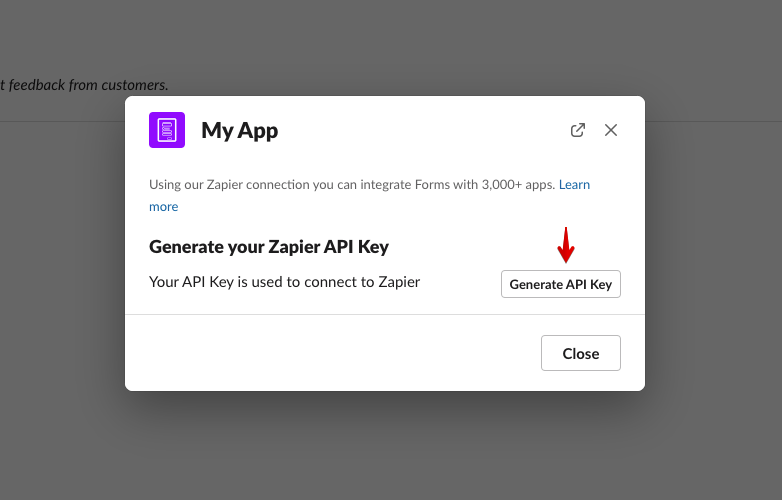 generate zapier api key for slack forms