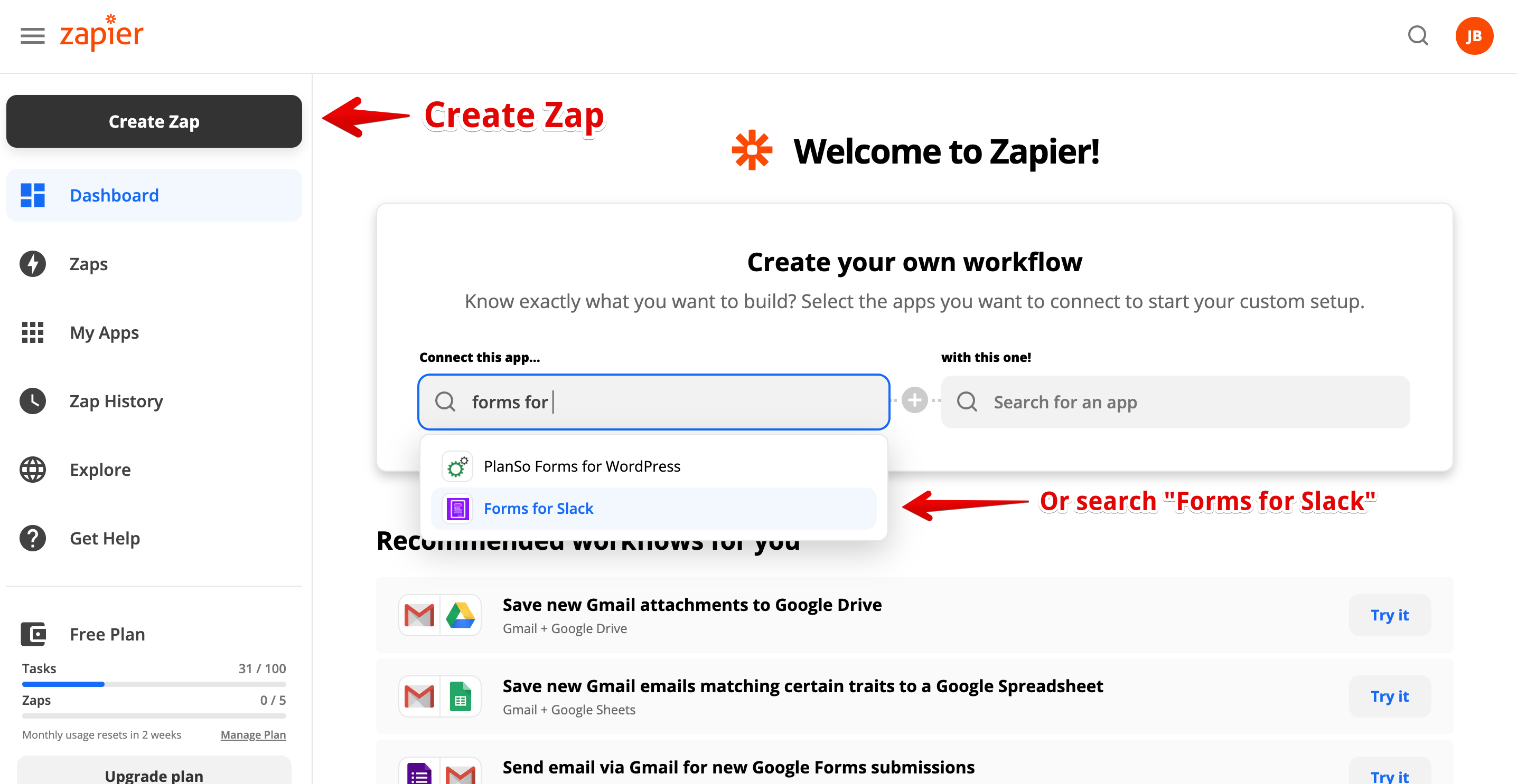 create a new zap or search for the forms for slack app